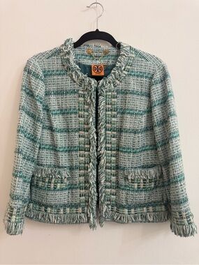Tory Burch Tweed Jacket / Blazer Teal with embellishment US 10